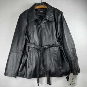 Women's 3XL Excelled Leather Coat Jacket With Belt + Button Detail Sleeves Black